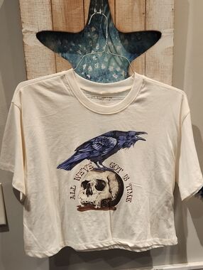 Modern Lux Cream Tee with Navy Raven and Brown Skull Graphic